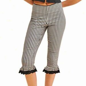 Women Capri Pants Plaid Lace Ruffles Hem Summer Casual Cropped Pants